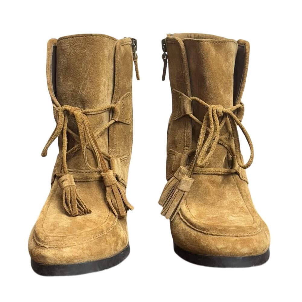 Women’s Franco Sarto Camel Brown Leather Wedge Bootie Heel Boots - Size 7.5 - Picture 2 of 5